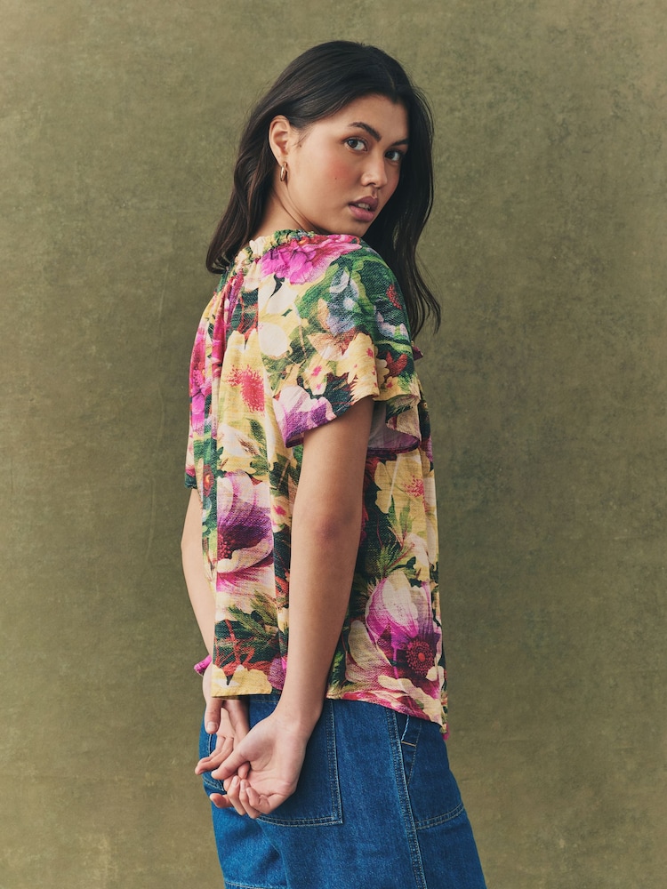 Multi Floral Print Short Sleeve Tie Neck Bardot Top - Image 3 of 6