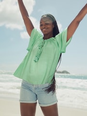 Green Short Sleeve Tie Neck Bardot Top - Image 1 of 6