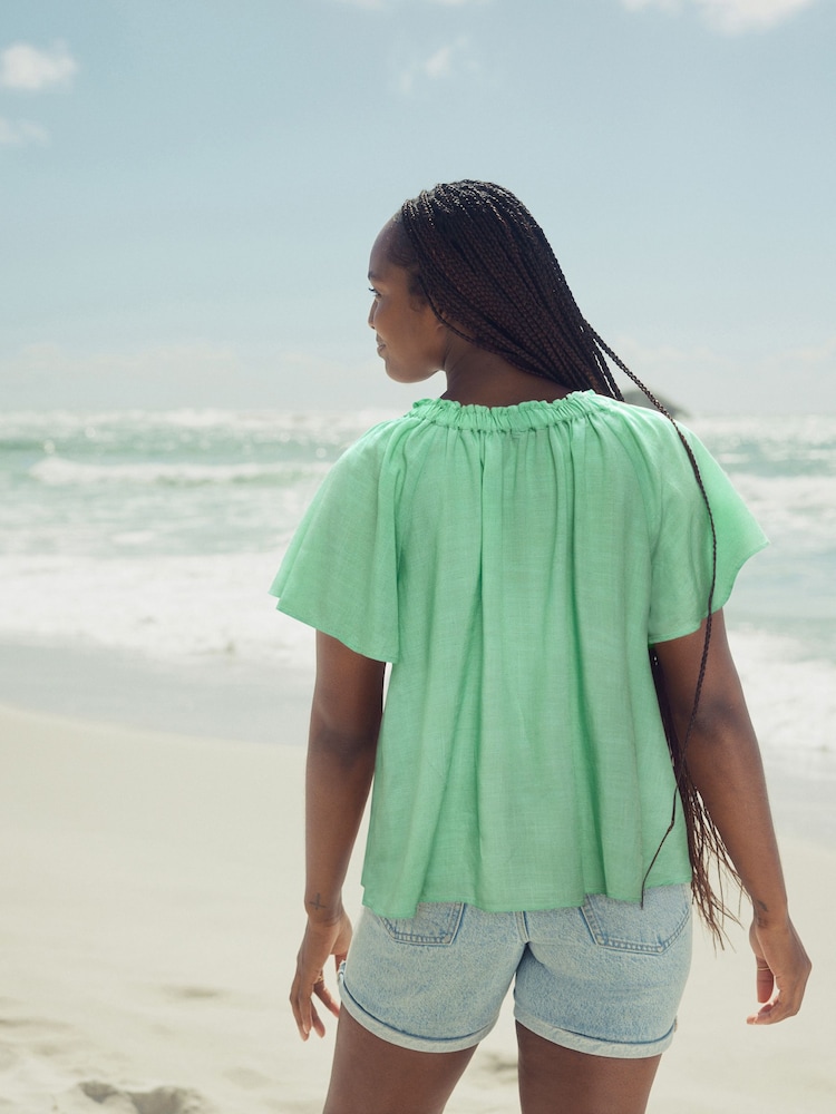 Green Short Sleeve Tie Neck Bardot Top - Image 2 of 6