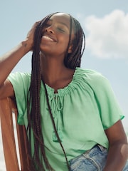 Green Short Sleeve Tie Neck Bardot Top - Image 3 of 6