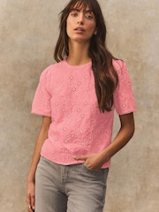 Blush Pink Textured Floral Cornelli Embroidered Short Sleeve 100% Cotton Blouse - Image 1 of 7