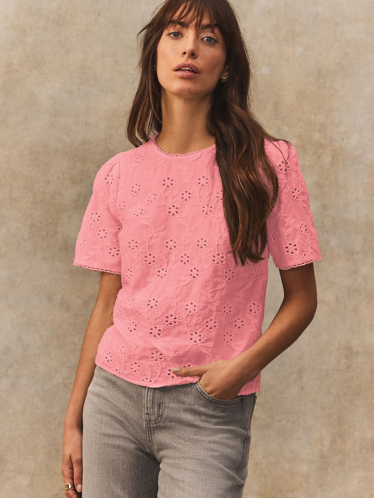 Blush Pink Textured Floral Cornelli Embroidered Short Sleeve 100% Cotton Blouse - Image 1 of 7