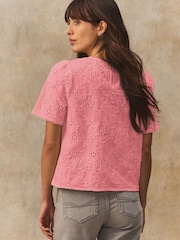 Blush Pink Textured Floral Cornelli Embroidered Short Sleeve 100% Cotton Blouse - Image 2 of 7