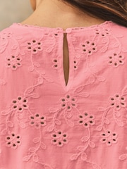 Blush Pink Textured Floral Cornelli Embroidered Short Sleeve 100% Cotton Blouse - Image 4 of 7