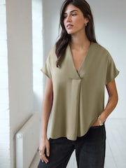 Khaki Green Relaxed Fit Short Sleeve Overhead V-Neck Blouse - Image 1 of 6