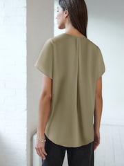 Khaki Green Relaxed Fit Short Sleeve Overhead V-Neck Blouse - Image 2 of 6