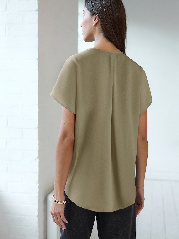 Khaki Green Relaxed Fit Short Sleeve Overhead V-Neck Blouse - Image 2 of 6