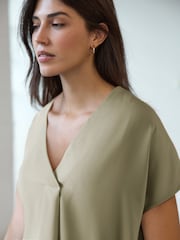 Khaki Green Relaxed Fit Short Sleeve Overhead V-Neck Blouse - Image 3 of 6