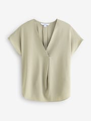 Khaki Green Relaxed Fit Short Sleeve Overhead V-Neck Blouse - Image 4 of 6