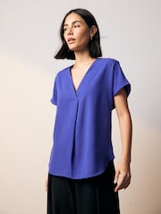 Cobalt Blue Relaxed Fit Short Sleeve Overhead V-Neck Blouse - Image 1 of 7