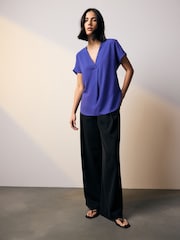 Cobalt Blue Relaxed Fit Short Sleeve Overhead V-Neck Blouse - Image 2 of 7
