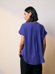 Cobalt Blue Relaxed Fit Short Sleeve Overhead V-Neck Blouse - Image 3 of 7