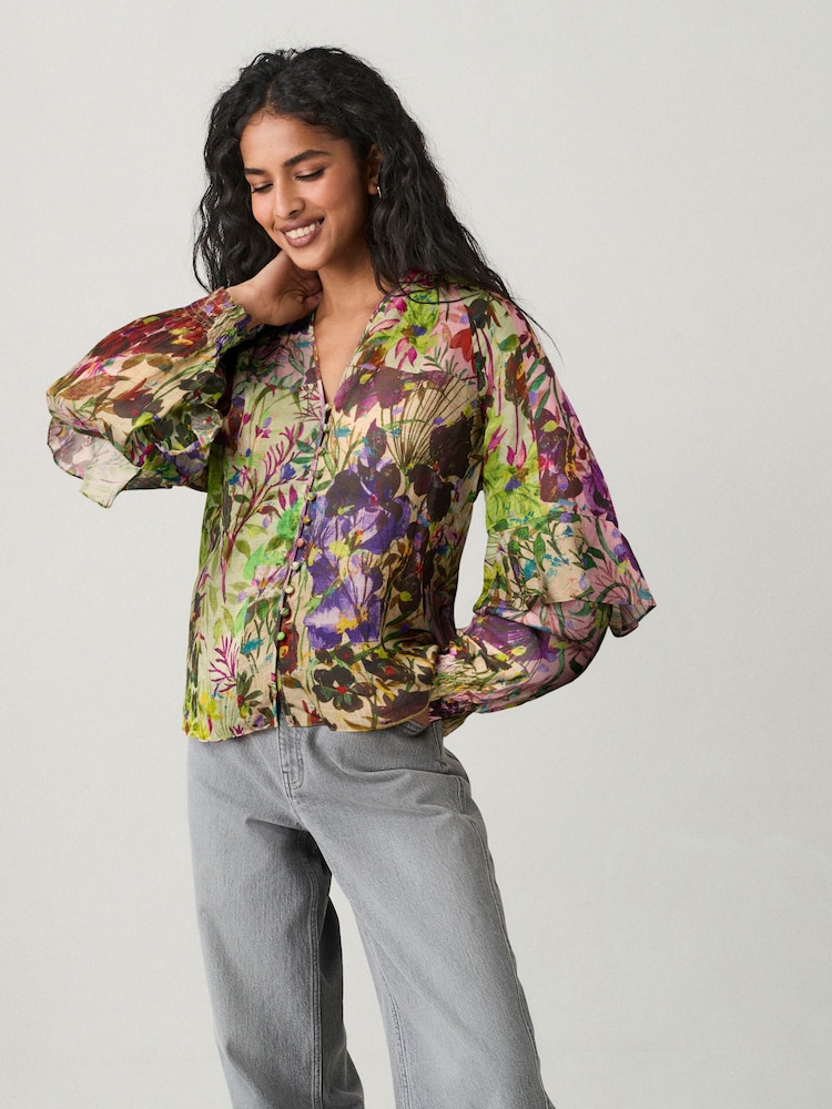 Floral Print Sheer Volume Long Sleeve Blouse - Image 1 of 6