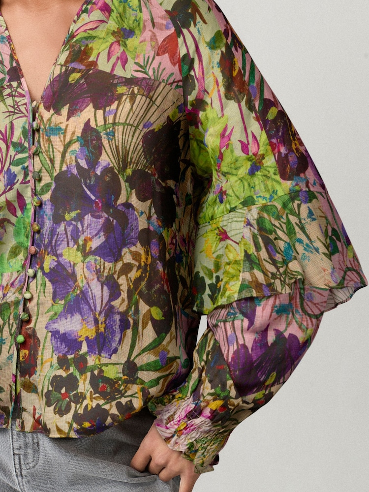Floral Print Sheer Volume Long Sleeve Blouse - Image 2 of 6