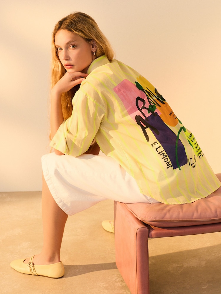 Yellow Stripe Graphic Long Sleeve 100% Cotton Relaxed Lightweight Shirt - Image 1 of 5