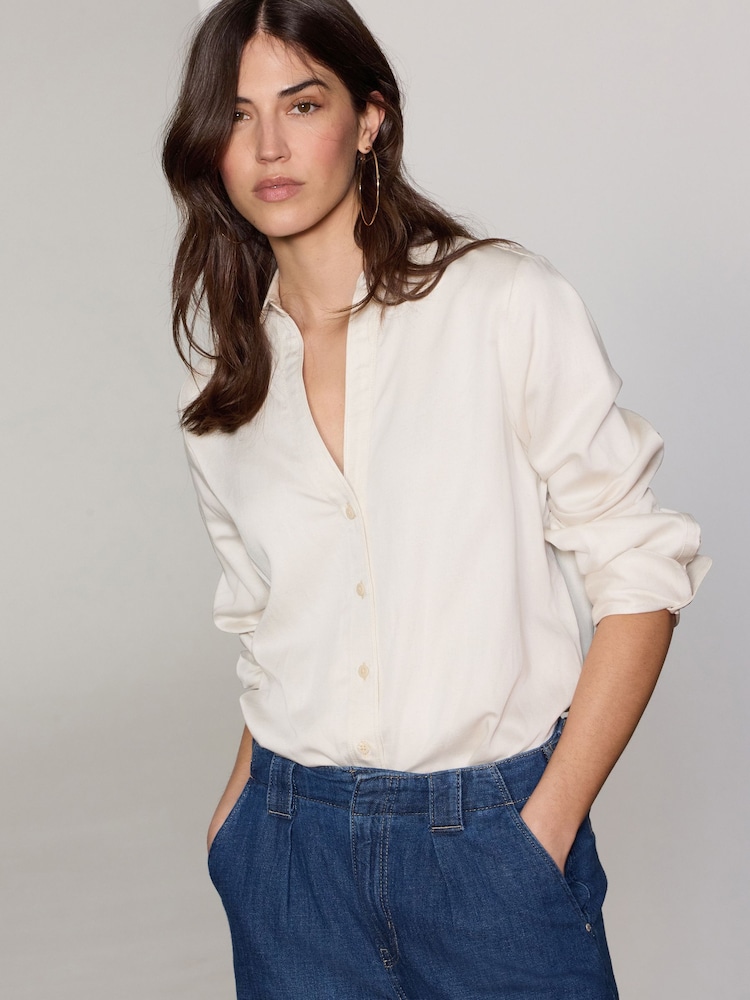 Neutral Satin Linen Open Neck Shirt - Image 2 of 8