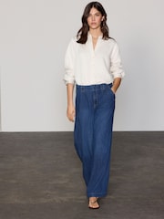Neutral Satin Linen Open Neck Shirt - Image 3 of 8