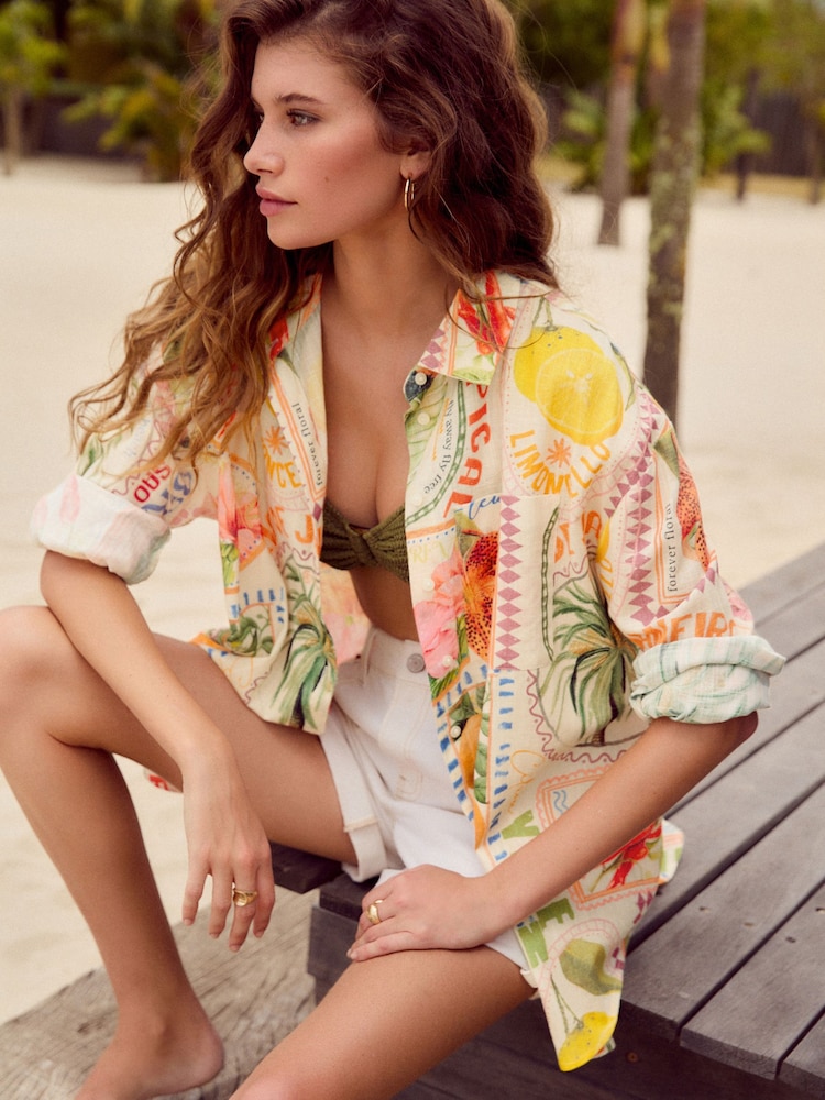Multicoloured Postcard Print Long Sleeve Shirt With Linen - Image 1 of 9