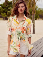 Multicoloured Postcard Print Long Sleeve Shirt With Linen - Image 4 of 9