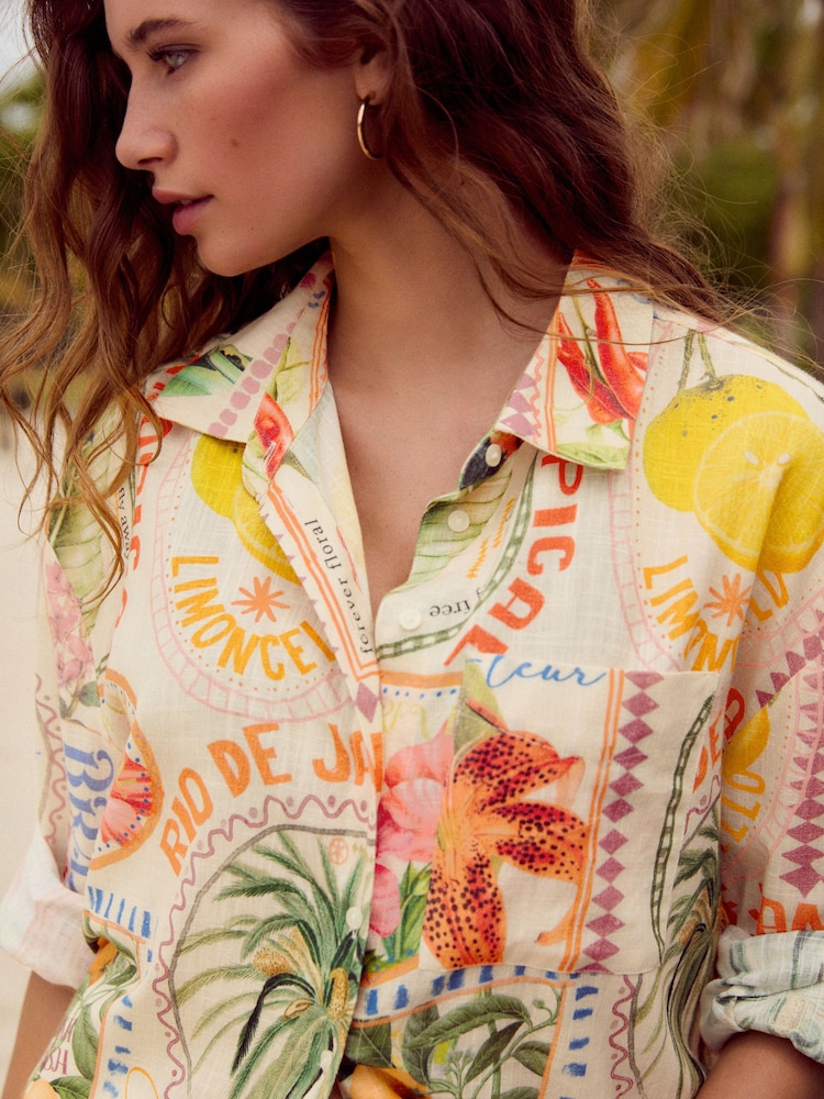 Multicoloured Postcard Print Long Sleeve Shirt With Linen - Image 5 of 9