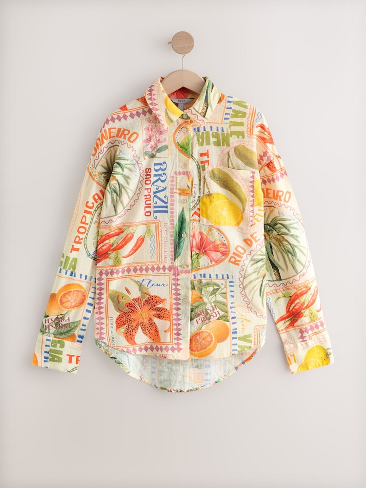 Multicoloured Postcard Print Long Sleeve Shirt With Linen - Image 6 of 9