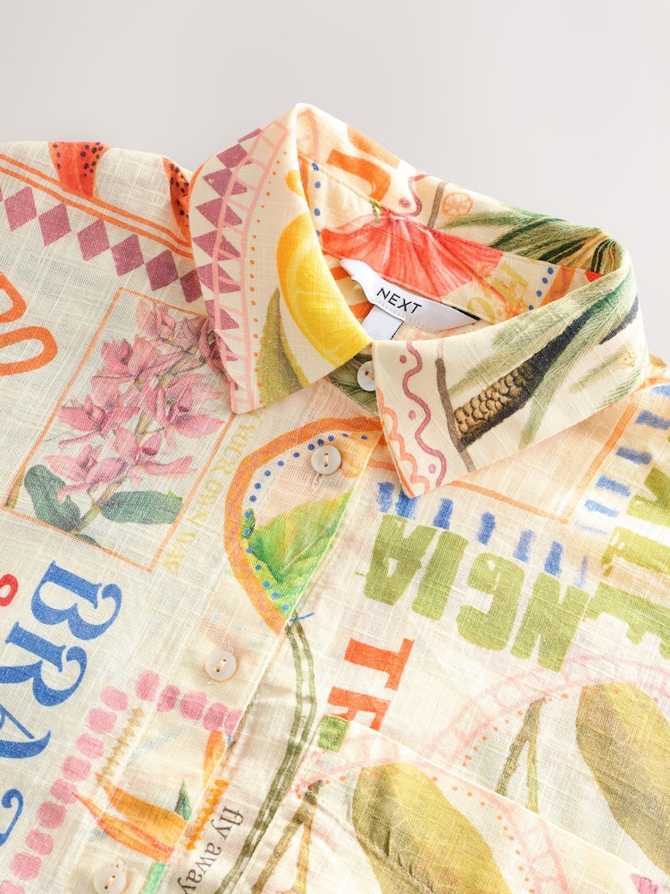 Multicoloured Postcard Print Long Sleeve Shirt With Linen - Image 7 of 9