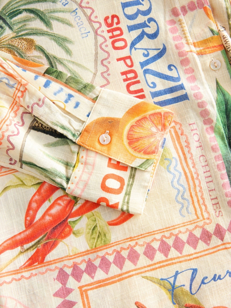 Multicoloured Postcard Print Long Sleeve Shirt With Linen - Image 8 of 9