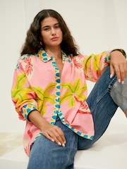 Pink Placement Palm Print Long Sleeve 100% Cotton Relaxed Lightweight Shirt - Image 1 of 5