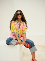 Pink Placement Palm Print Long Sleeve 100% Cotton Relaxed Lightweight Shirt - Image 3 of 5
