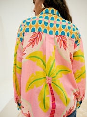Pink Placement Palm Print Long Sleeve 100% Cotton Relaxed Lightweight Shirt - Image 4 of 5