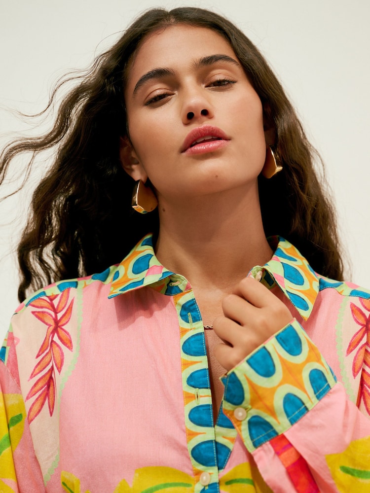 Pink Placement Palm Print Long Sleeve 100% Cotton Relaxed Lightweight Shirt - Image 5 of 5