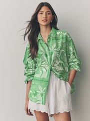 Green Placement Tile Print Long Sleeve 100% Cotton Relaxed Lightweight Shirt - Image 1 of 8
