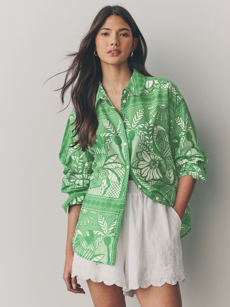 Green Placement Tile Print Long Sleeve 100% Cotton Relaxed Lightweight Shirt - Image 1 of 8