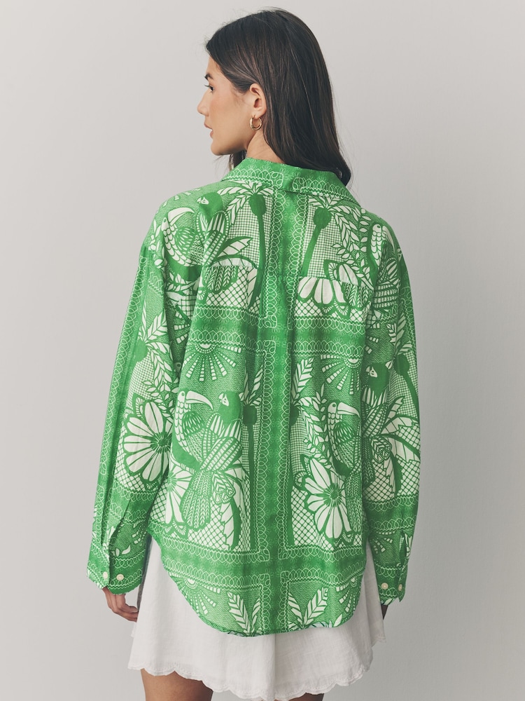 Green Placement Tile Print Long Sleeve 100% Cotton Relaxed Lightweight Shirt - Image 4 of 8