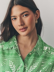 Green Placement Tile Print Long Sleeve 100% Cotton Relaxed Lightweight Shirt - Image 5 of 8