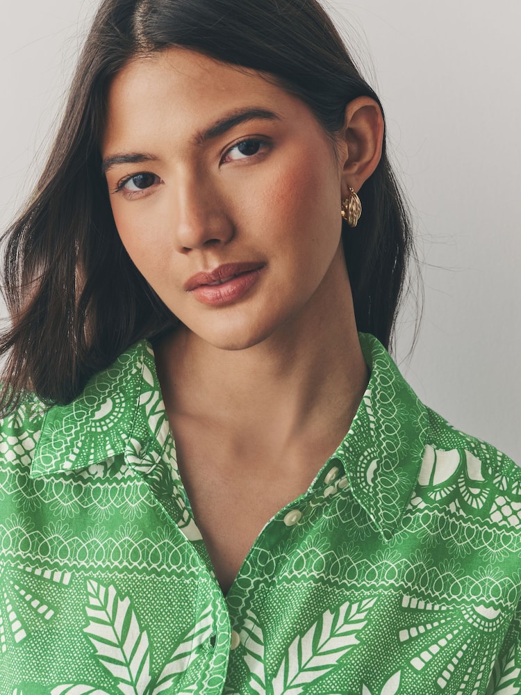 Green Placement Tile Print Long Sleeve 100% Cotton Relaxed Lightweight Shirt - Image 5 of 8