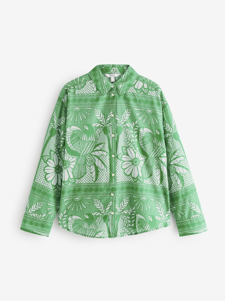 Green Placement Tile Print Long Sleeve 100% Cotton Relaxed Lightweight Shirt - Image 6 of 8