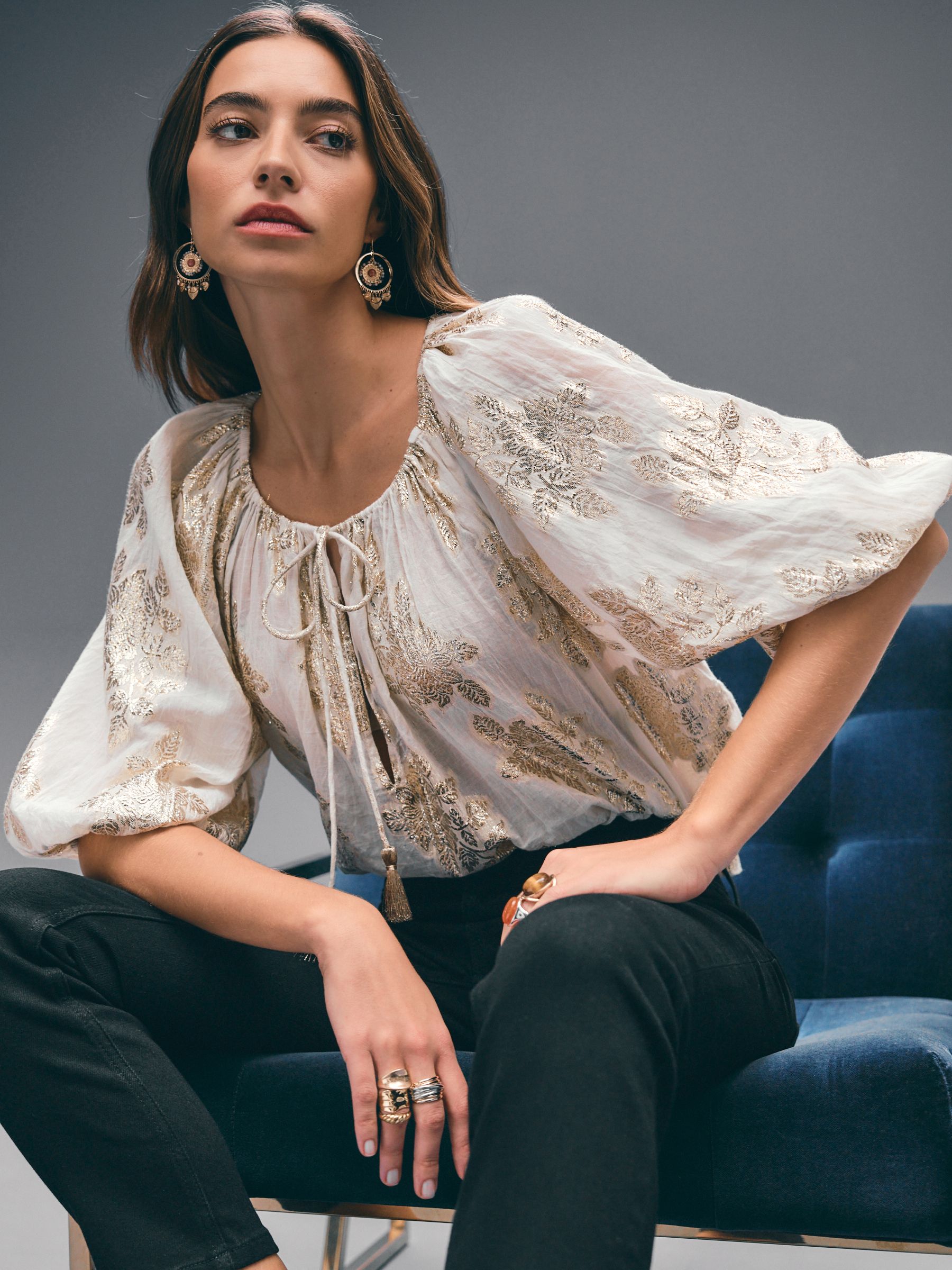Buy Gold Metalic Floral Print Volume Long Sleeve Tie Neck