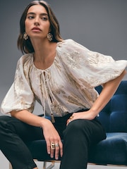 Gold Metalic Floral Print Volume Long Sleeve Tie Neck Blouse - Image 1 of 7