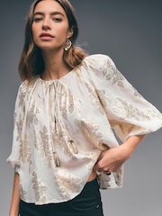 Gold Metalic Floral Print Volume Long Sleeve Tie Neck Blouse - Image 2 of 7