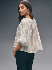 Gold Metalic Floral Print Volume Long Sleeve Tie Neck Blouse - Image 3 of 7