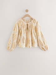 Gold Metalic Floral Print Volume Long Sleeve Tie Neck Blouse - Image 5 of 7