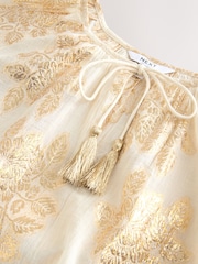 Gold Metalic Floral Print Volume Long Sleeve Tie Neck Blouse - Image 6 of 7