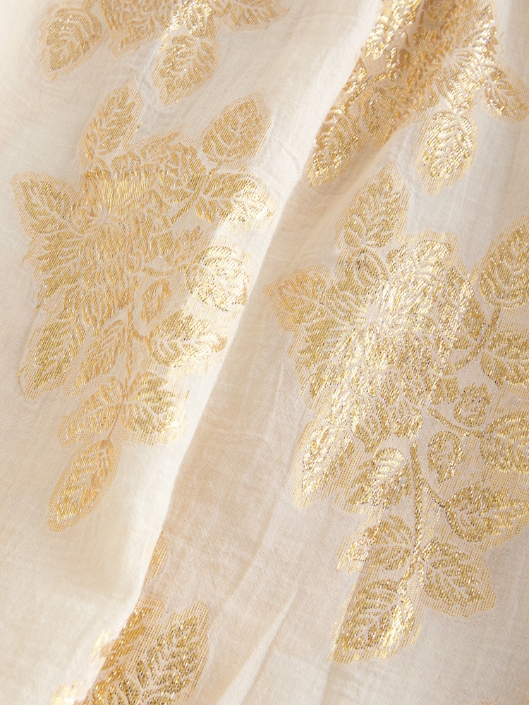 Gold Metalic Floral Print Volume Long Sleeve Tie Neck Blouse - Image 7 of 7