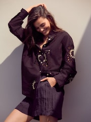 Black and Neutral Raffia Detail N. Premium 100% Cotton Broderie Long Sleeve Shirt - Image 2 of 8