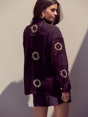 Black and Neutral Raffia Detail N. Premium 100% Cotton Broderie Long Sleeve Shirt - Image 3 of 8