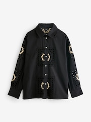 Black and Neutral Raffia Detail N. Premium 100% Cotton Broderie Long Sleeve Shirt - Image 5 of 8