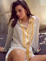 Cream Striped Jaquard Embroidered Detail Tie Front Shirt - Image 2 of 8
