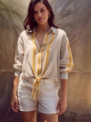 Cream Striped Jaquard Embroidered Detail Tie Front Shirt - Image 3 of 8