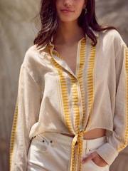 Cream Striped Jaquard Embroidered Detail Tie Front Shirt - Image 5 of 8